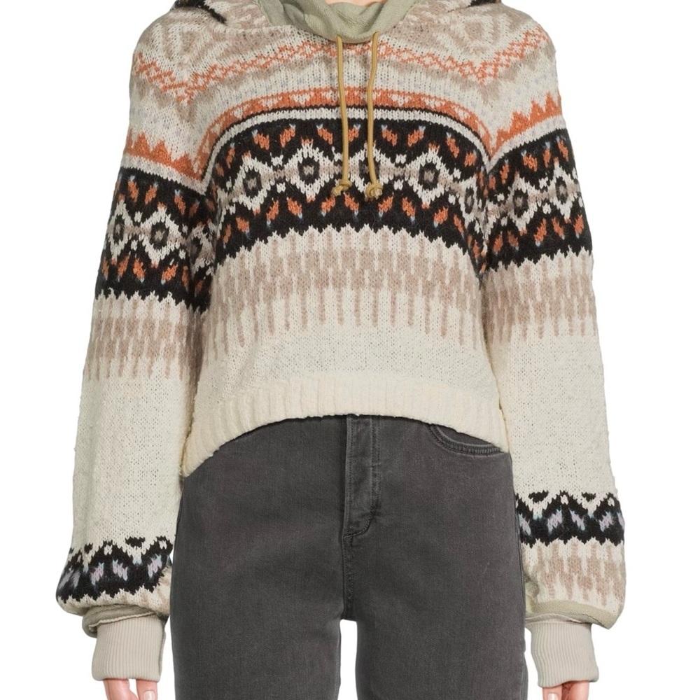 Free People Cream and Black Patterned Hoodie